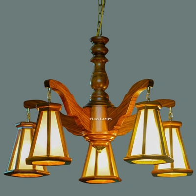 DING DONG 5 LIGHT WOODEN HANDICRAFTED TEAKWOOD CHANDELIER