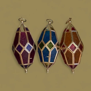 Multicolor Glass and Brass Edge Hanging Moroccan Lamps Set of 3