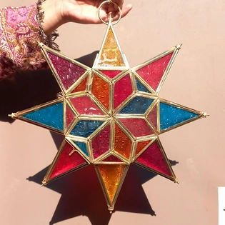 Multicolor Glass 8 Point Star Hanging Lantern with Brass Detailing