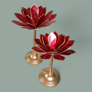 Red Glass Lotus Candle Holder with Metal Stand, Set of 2