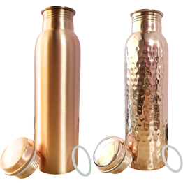 RAVIOS Set of 2 Plain Finish & Hammered Copper Water Bottles | 32.5 OZ/950 ML each | Handmade & Ayurveda Yoga Health Benefits | Detoxifies Body, Improves Digestion, Immunity & Skin Tone