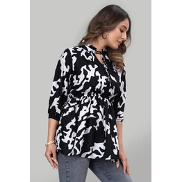 zelzis Black Floral Ruffle Trendy Crepe Tunic Tops