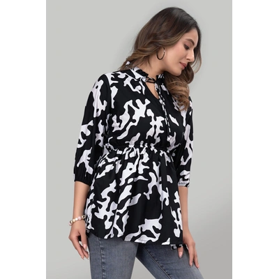 zelzis Black Floral Ruffle Trendy Crepe Tunic Tops