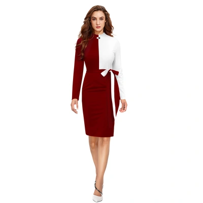 zelzis Maroon & White Colourblock With Comfortable Belt Polyester Bodycon Dress