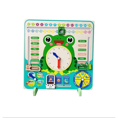 Wooden Frog Calendar & Clock for Kids – 7-in-1 Montessori Daily Learning Clock, Preschool Time-Telling & Educational Board