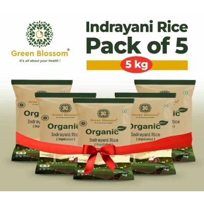 Green Blossom Organic Indrayani Rice (White) - 5 Kg (1 Kg, Pack of 5)