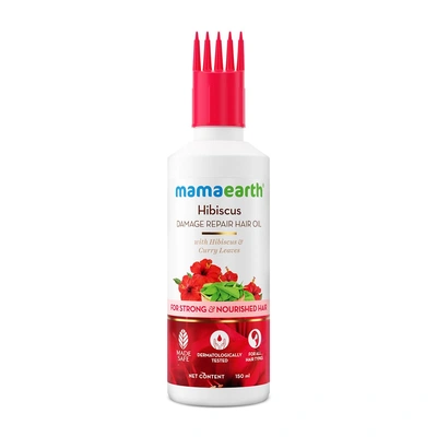 Mamaearth Hibiscus Damage Repair Hair Oil with Hibiscus & Curry Leaves for Strong & Nourished Hair|Repairs Rough, Dry & Damaged Hair|Makes Hair Smooth & Frizz Free|Suitable For All Hair Types (150ml)