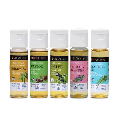 Soulflower Hair Oil & Skin Oil Sampler Pack | Hair Growth, Nourishment, Hair Fall Control | Rosemary Lavender, Tea Tree, Castor, Olive & Bhringraj | No Mineral Oil & Silicones | Pack of 5 20ml Each