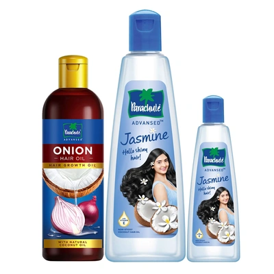 Parachute Advansed Onion Hair Oil, Hair Growth Oil & Reduces Hairfall, 200ml & Jasmine, Non Sticky Coconut Hair Oil, For Shiny & Strong Hair, 400 ml + 90 ml