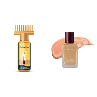 Indulekha Bhringa Hair Oil, 100ml And Lakme Perfecting Liquid Foundation, Pearl, 27ml