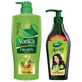 Dabur Vatika Health Shampoo, with Henna & Amla for Problem Free Hair - 640ml & Dabur Amla Hair Oil - for Strong, Long and Thick hair - 550 ml