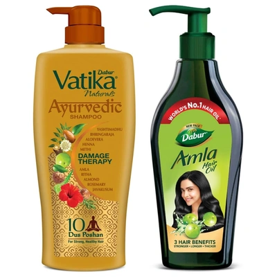 DABUR Vatika Ayurvedic Shampoo, 640ml : Power of Dus Poshan for 10 Hair Problems & Dabur Amla Hair Oil - for Strong, Long and Thick hair - 550 ml