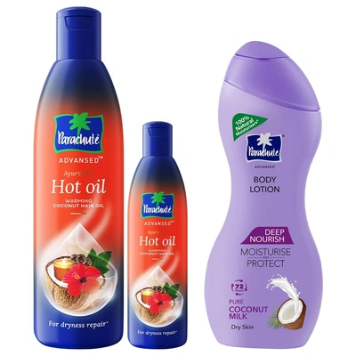 Parachute Advansed Ayurvedic Hot Oil, Warming Coconut Hair Oil, 400 ml + 90 ml & Parachute Advansed Deep Nourish Body Lotion for Women & Men, Dry Skin, 250ml