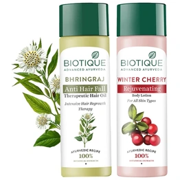 Biotique Bio Bhringraj Ayurvedic Therapeutic Hair Oil, 200ml & Biotique Bio Wintercherry Lightening And Rejuvenating Body Nourisher, 190ml