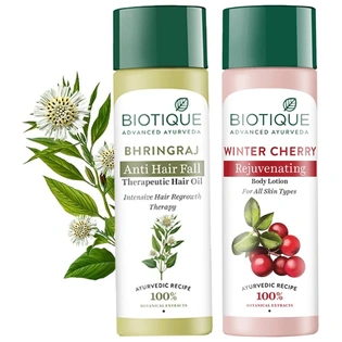 Biotique Bio Bhringraj Ayurvedic Therapeutic Hair Oil, 200ml & Biotique Bio Wintercherry Lightening And Rejuvenating Body Nourisher, 190ml