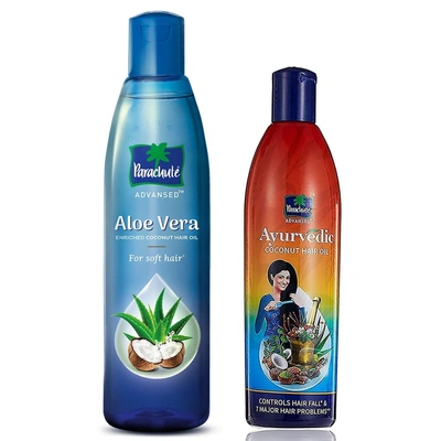 Parachute Advansed Aloe Vera,Enriched Coconut Hair Oil,For Soft & Strong Hair, 400 ml & Parachute Advansed Ayurvedic Coconut Hair Oil, Hair Oil, Controls Hairfall and 7 Major Hair Problems,300 ml