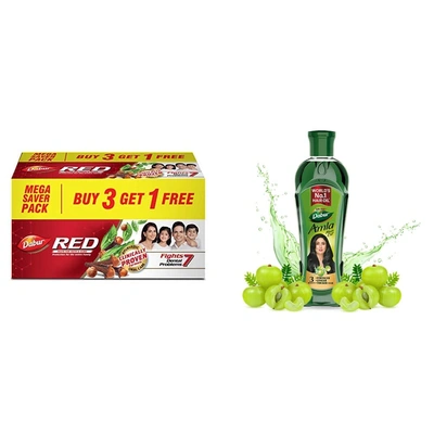 Dabur Red Paste - India's No.1 Ayurvedic Paste, Provides Protection Plaque Removal, Toothache, Yellow Teeth, Bad Breath- 600g (150gm*4) & Dabur Amla Hair Oil - for Strong, Long and Thick Hair 275ml