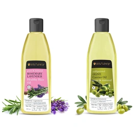 Soulflower Olive Oil, 225ml 100 % Natural Cold Pressed for Skin, Hair & Lips – Natural Makeup Primer And Soulflower And Natural Rosemary Lavender Healthy Hair Oil For Unisex, 225Ml