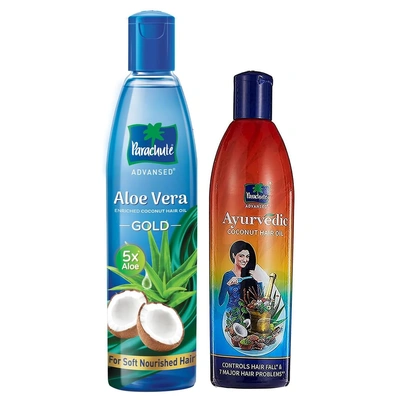 Parachute Advansed Aloe Vera Enriched Coconut Hair Oil Gold| 400ml & Parachute Advansed Ayurvedic Coconut Hair Oil with Neem, Amla, Bhringraj & 22 Natural Herbs| 300ml