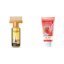 Indulekha Bhringa Hair Oil, 100ml And Lakme Blush & Glow Gel Face Wash, Strawberry Blast, 100g