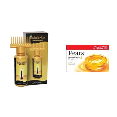 Indulekha Bhringa Hair Oil, 100ml & Pears Pure And Gentle Soap Bar, 125g (Pack Of 3)