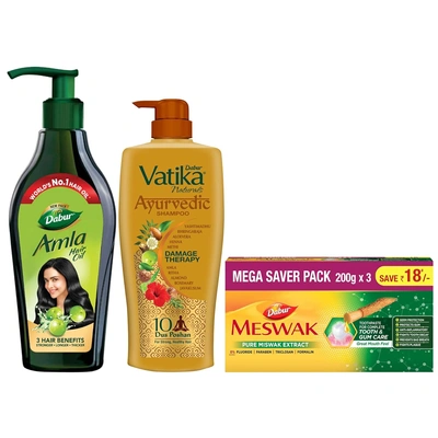 Dabur Meswak Complete Oral Care Toothpaste, 600gm (200 gm*3) & Amla Hair Oil -550 ml & Vatika Ayurvedic Shampoo, 640ml : Power of Dus Poshan for 10 Hair Problems