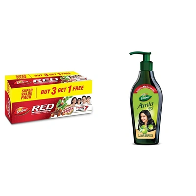 DABUR Red Paste India'S No.1 Ayurvedic Paste, Provides Protection Plaque Removal, Toothache, Yellow Teeth, Bad Breath 800G(200Gm*4) Amla Hair Oil For Strong, Long And Thick Hair 550 Ml