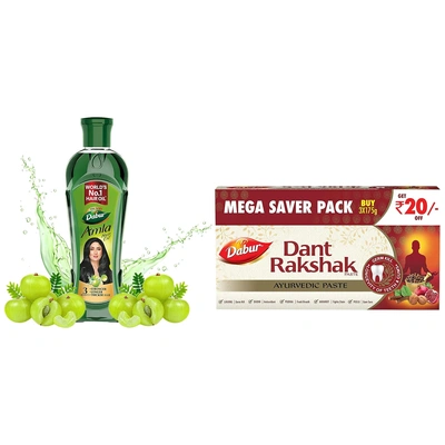 Dabur Dant Rakshak Ayurvedic Paste - With Goodness Of 32 Ayurvedic Herbs For Germ Kill & Longevity Of Teeth & Gums - 175g (Pack of 3) & Dabur Amla Hair Oil - for Strong, Long and Thick Hair 275ml