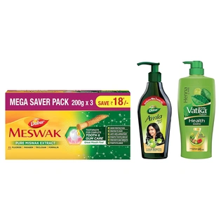 Dabur Meswak Complete Oral Care Toothpaste with Tooth Decay Prevention, 600gm (200 gm*3) & Vatika Health Shampoo, 640ml & Amla Hair Oil - for Strong, Long and Thick hair - 550 ml