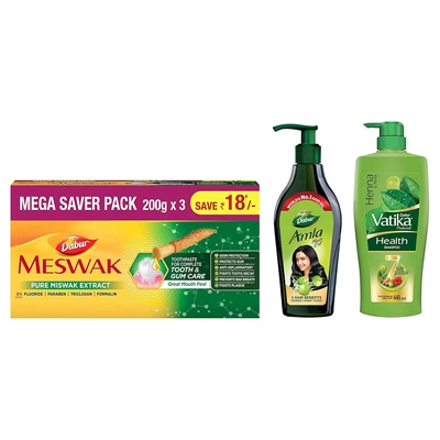 Dabur Meswak Complete Oral Care Toothpaste with Tooth Decay Prevention, 600gm (200 gm*3) & Vatika Health Shampoo, 640ml & Amla Hair Oil - for Strong, Long and Thick hair - 550 ml