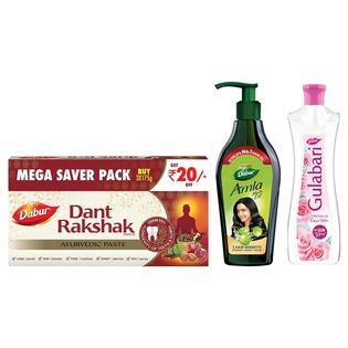 Dabur Dant Rakshak Ayurvedic Paste - With Goodness Of 32 Ayurvedic Herbs For Germ Kill & Longevity Of Teeth & Gums - 175g (Pack of 3) & Gulabari Premium Rose Water, 400 ml & Amla Hair Oil -550 ml