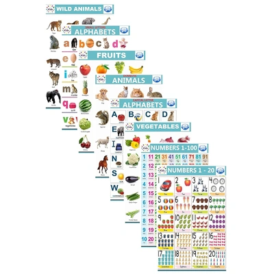 Kids Educational Charts set (Back to Back Printed) 8 Charts - 48x37 cm - Perfect For Homeschooling, Kindergarten and Nursery Childrens Alphabet, Numbers, Birds, Animals Wall Chart