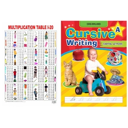 Multiplication chart Educational Wall Chart & Capital Letters Cursive Writing Book A for Children Age 3 - 5 years Product Bundle