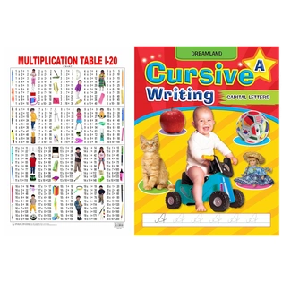 Multiplication chart Educational Wall Chart & Capital Letters Cursive Writing Book A for Children Age 3 - 5 years Product Bundle