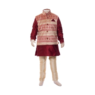 ETHNI KS NEU - RON Solid Kurta Solid Pyjama With Woven Jacket Set - Red & Beige