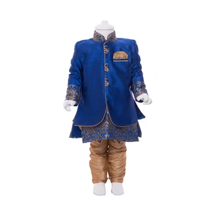 ETHNI KS NEU - RON Kurta with Pyjama Set: Blue and Gold