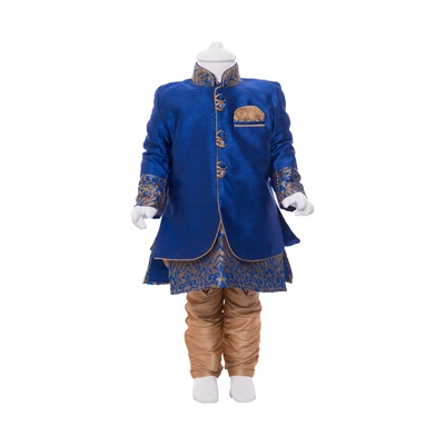 ETHNI KS NEU - RON Kurta with Pyjama Set: Blue and Gold