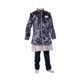 ETHNI KS NEU - RON Kurta with Jacket and Pyjama Set: Navy Blue