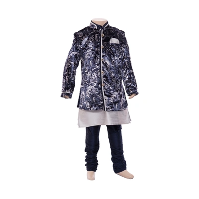 ETHNI KS NEU - RON Kurta with Jacket and Pyjama Set: Navy Blue