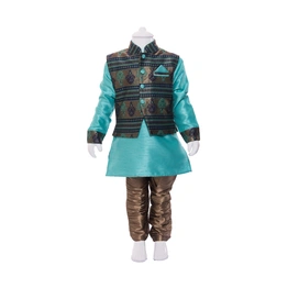 ETHNI KS NEU - RON Rajneeti Jacket with Kurta and Pyjama Set: Sea green and Brown