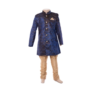 ETHNI KS NEU - RON Sherwani with Pyjama Set: Royal Blue & Beige