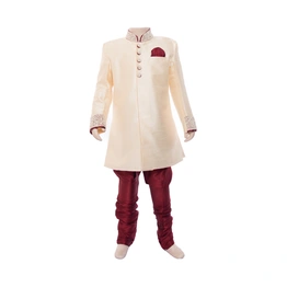 ETHNI KS NEU - RON Kurta and Pyjama Set : Cream and Maroon