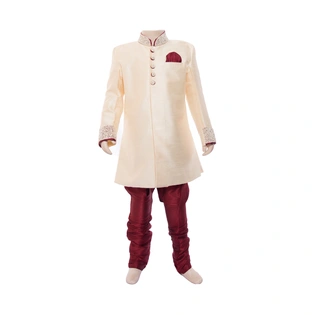 ETHNI KS NEU - RON Kurta and Pyjama Set : Cream and Maroon