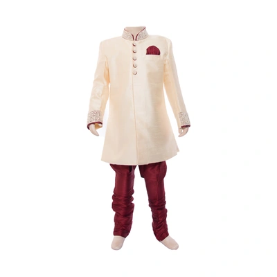 ETHNI KS NEU - RON Kurta and Pyjama Set : Cream and Maroon