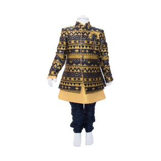 ETHNI KS NEU - RON Kurta, Jacket and Pyjama Set: Navy Blue and Yellow