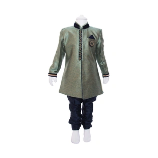 ETHNI KS NEU - RON Kurta and Pyjama Set: Green and Navy Blue