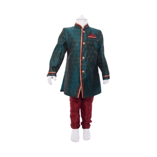 ETHNI KS NEU - RON Indo Western Kurta with Pyjama Set: Green and Maroon