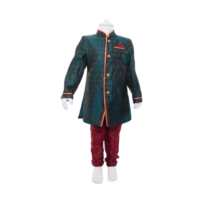 ETHNI KS NEU - RON Indo Western Kurta with Pyjama Set: Green and Maroon