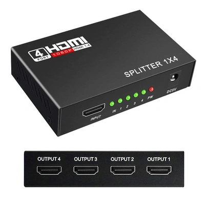 CABLELINK HDMI 1x4 Splitter, 4 Way HDMI Powered Splitter 4 Port HDMI Audio and Video Splitter 1080P 3D Support HD Hub Smart Splitter Box - One Input to Four Output.