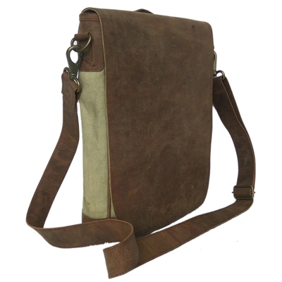 Desert Town Unisex Crazy Horse Leather & Canvas 6 Ltr. Brown Laptop Messenger Bag 12X14"-(MESS113)